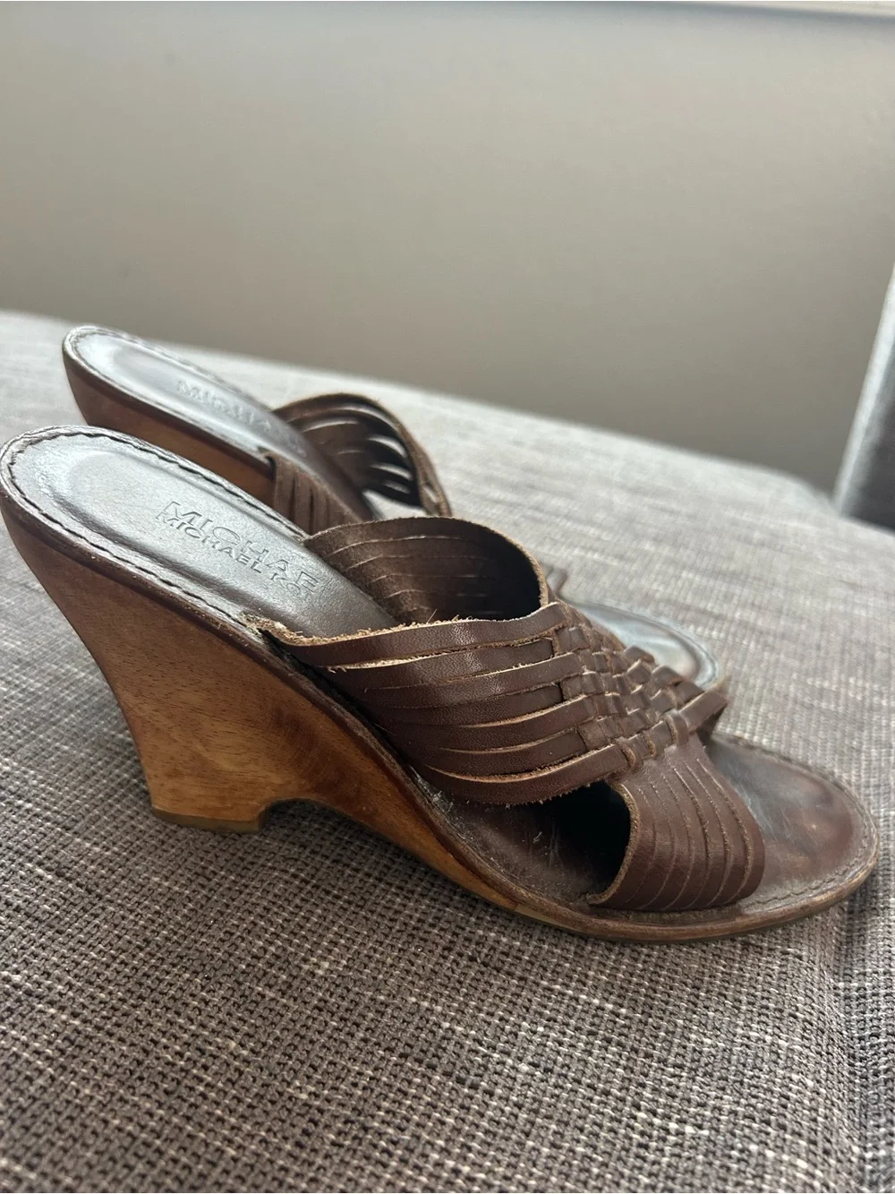 MICHAEL Michael Kors Women's Brown Woven Leather Slide Wedges 3 1/2 inches